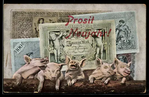 AK Berlin, Schweine mit Geldscheinen, Neujahrsgruss