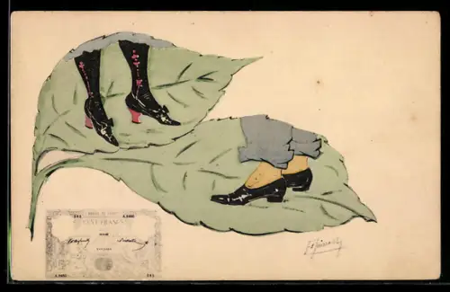 AK Damen- und Herrenschuhe auf Blättern, Geldnote