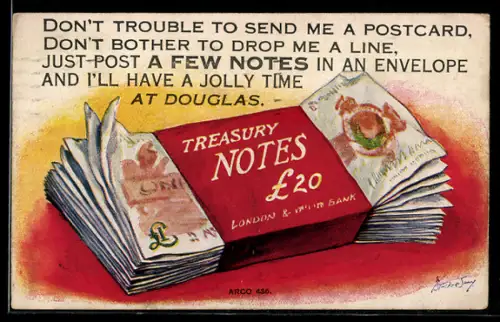 Künstler-AK Douglas, Bündel Geldscheine