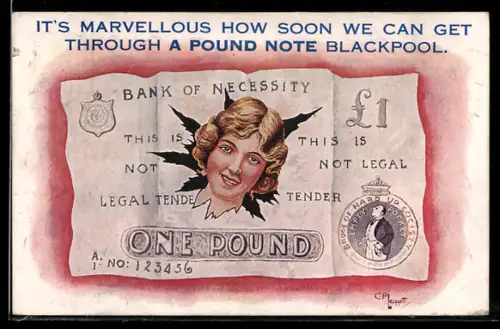 Künstler-AK Blackpool, Frau durch zerrissenen Geldschein