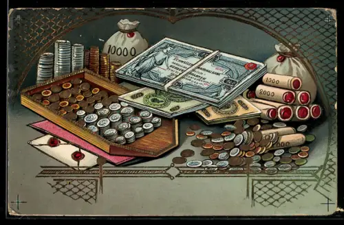 Präge-AK Geldscheine-, Säcke und Münzen
