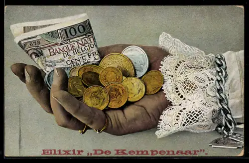 AK Hand mit Geldschein- und Münzen