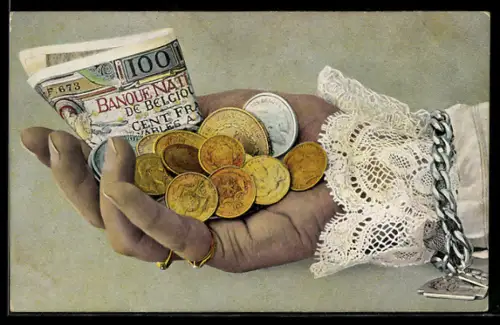 AK Hand mit Geldschein- und Münzen