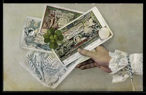 AK Banque Nationale de Belgique, belgische Banknoten in einer Damenhand, Vierblattklee
