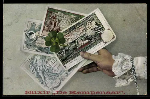 AK Hand mit Geldscheinen und Kleeblatt