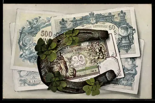 AK Geldscheine, Hufeisen u. Glücksklee