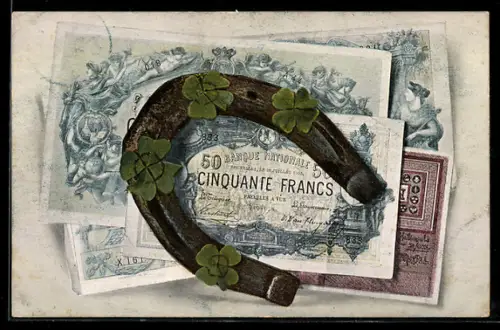 AK Französische Geldscheine mit Hufeisen und Kleeblättern