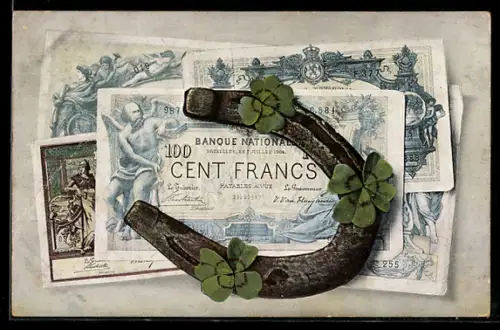AK Frankreich, Banknote über 100 Francs, Hufeisen und Klee