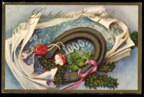 AK Geldschein mit Hufeisen, Fliegenpilz und Kleeblatt