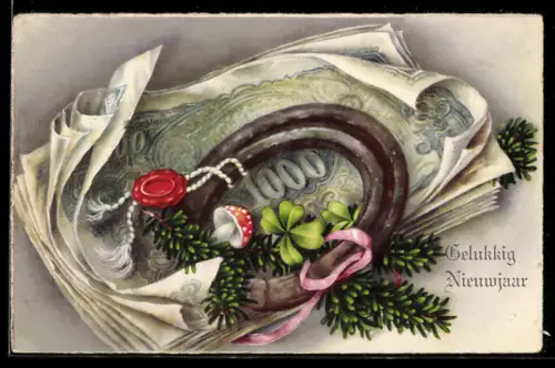 AK Geldschein mit Hufeisen, Fliegenpilz und Kleeblatt, Neujahrsgruss