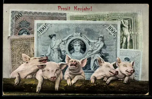 AK Reichsbanknoten über 100 und 500 Mark, Reichskassenschein, Glücksschweine