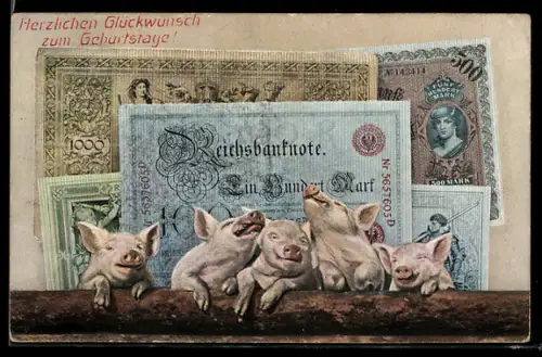 AK Reichsbanknoten zu 100 und 500 Mark, Glücksschweine