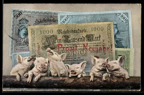AK Reichsbanknoten über 1000 Mark, Sächsische Banknote, mehrere Hausschweine, Geld