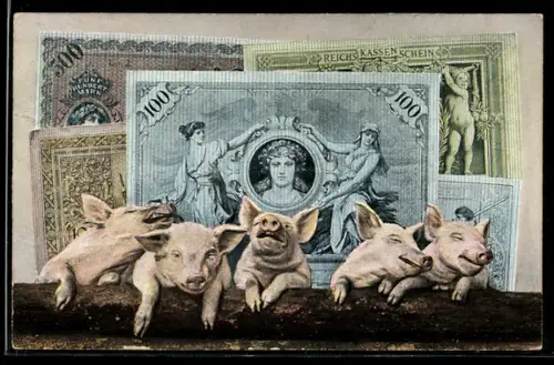 AK Reichsbanknoten 100 und 500 Mark, Reichskassenschein, mehrere Hausschweine, Geld