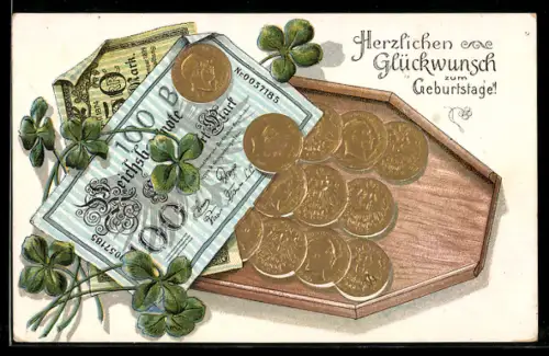AK Deutsche Reichsbanknoten und Münzen mit Kleeblättern