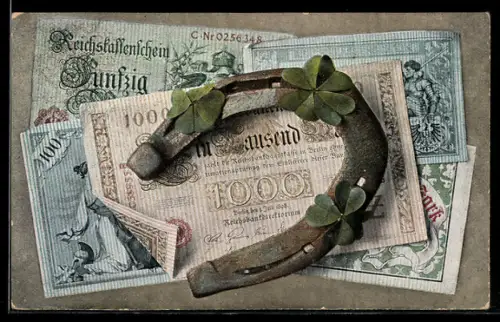 AK Reichsbanknoten 1000, 100 und 50 Mark, Reichskassenschein, Hufeisen mit Kleeblättern, Geld
