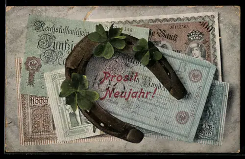 AK Reichsbanknoten 1000, 100 und 50 Mark, Reichskassenschein, Hufeisen mit Kleeblättern, Geld