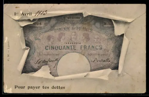 AK Französische Banknote 50 Franc im Papieraufriss