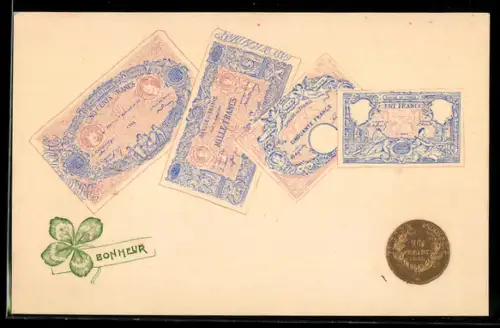 AK Geldscheine, Banque de France, Mille Francs, Cent Francs, Geldstück, Kleeblatt
