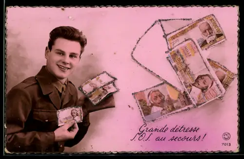 AK Junger Mann mit französischen Geldscheinen über 1000 Franc