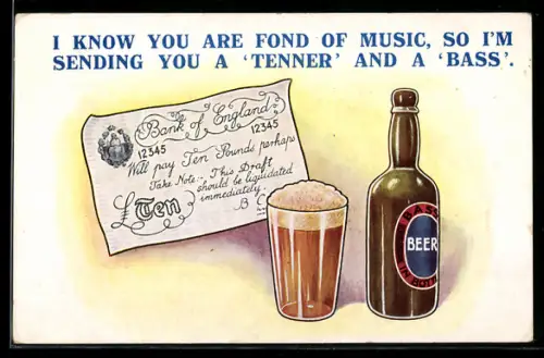 AK Britischer Geldschein 10 Pfund, Bierflasche und gefülltes Bierglas