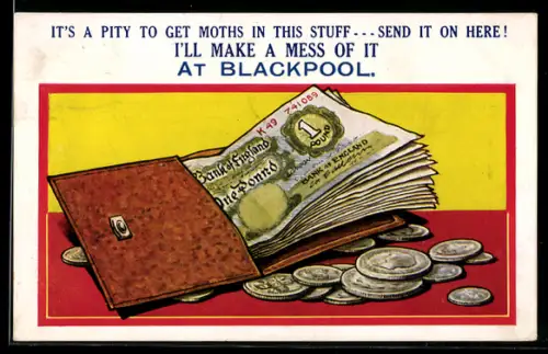 AK Blackpool, Britische Geldscheine über 1 Pfund und Münzen in Geldbörse