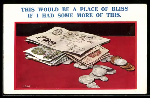 AK Britische Banknoten über 1 und 5 Pfund, Münzen, Geld