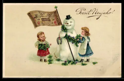 AK Schneemann mit Reichsbanknote 1000 Mark, Mädchen mit Kleeblättern