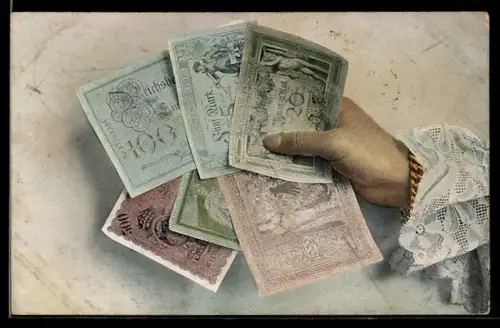 AK Hand hält sechs Geldscheine über 5 bis 1000 Mark, Geld