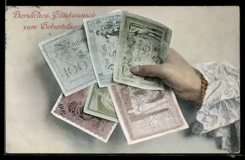 AK Hand hält sechs Geldscheine über 5 bis 1000 Mark, Geld