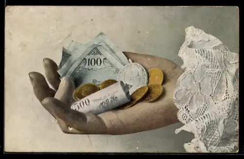 AK Damenhand gefüllt mit Geldmünzen und Banknoten