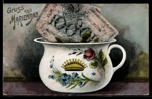 Künstler-AK Bad Kissingen, Nachttopf mit Geldscheinen