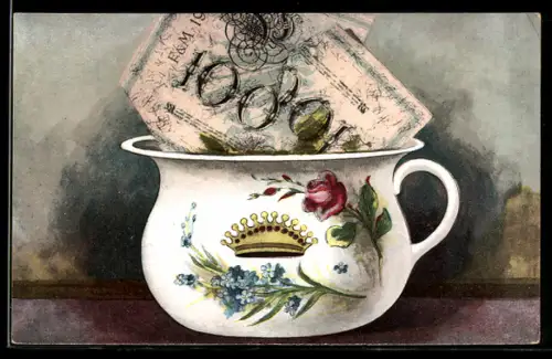 Künstler-AK Bad Kissingen, Nachttopf mit Geldscheinen