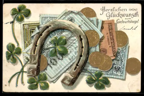 AK Reichsbanknoten, Münzen und Hufeisen mit Kleeblättern, Geld