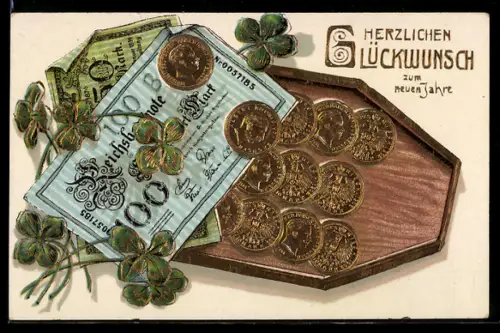 AK Reichsbanknoten 50 und 100 Mark, Münzen, Neujahrswünsche, Geld