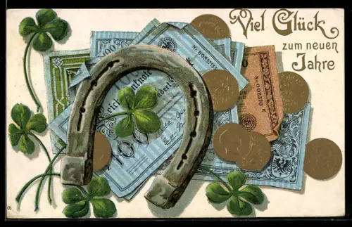 AK Hufeisen mit Geldnoten-, Münzen und Kleeblättern, Neujahrsgruss