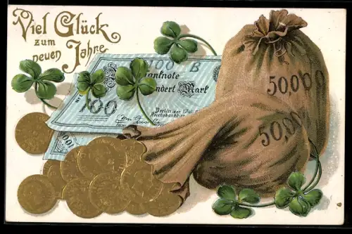 AK Geldscheine und Säcke mit Münzen, Neujahrsgruss