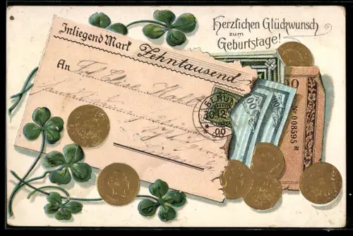 AK Geldsendung über 10.000 Mark, Reichsbanknoten und Münzen, Kleeblätter, Geburtstagswünsche, Geld