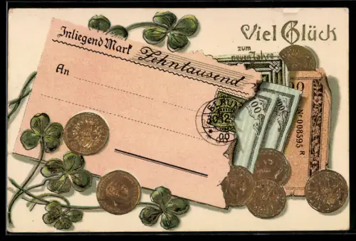 AK Umschlag mit Scheinen, Geldmünzen und Kleeblättern