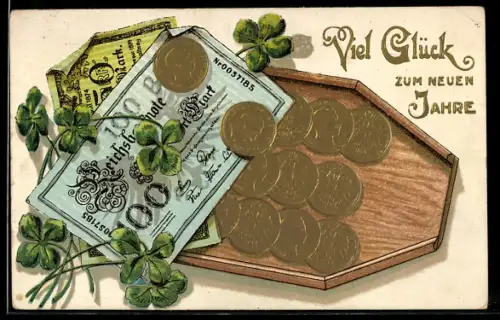 AK Reichsbanknoten über 50 und 100 Mark, Münzen, Neujahrswünsche, Geld