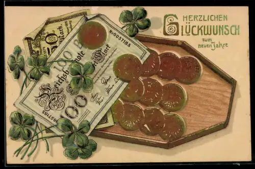 AK Reichsbanknoten über 50 und 100 Mark, Münzen, Neujahrswünsche, Geld