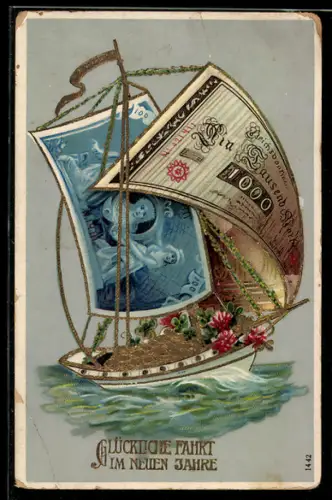 Lithographie Segelschiff mit Geldscheinen als Segel in Fahrt, Neujahr