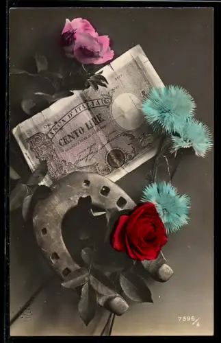 AK Geldschein mit Hufeisen und Rosen