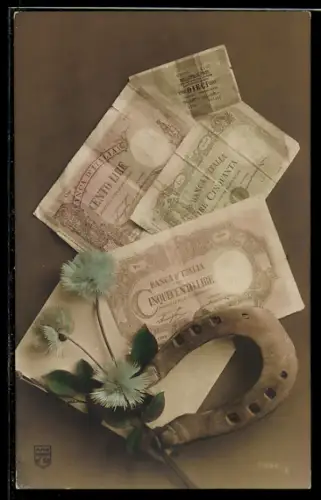 AK Geldscheine mit Hufeisen und Kornblume