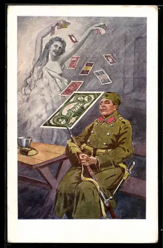 AK Soldat träumt von Frau mit Geldscheinen