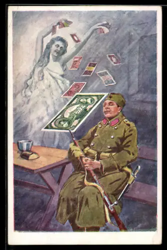 AK Soldat träumt von Frau mit Geldscheinen