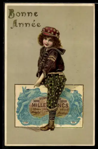 AK Kind reitet auf einem Eintausend Francs-Schein