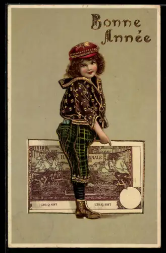 AK Kind reitet auf einem grossen Geldschein