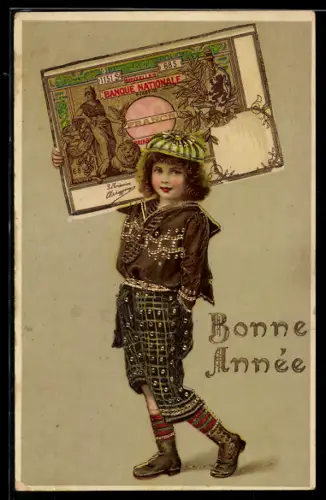 AK Kind mit einem grossen belgischen Geldschein auf der Schulter