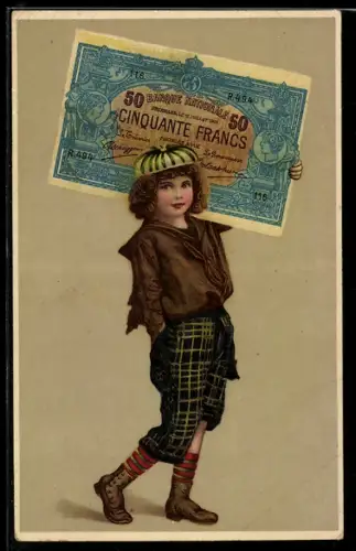 AK Junge mit einem Geldschein auf der Schulter